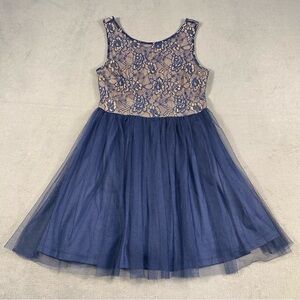 Forever 21 Women’s Blue and Tan Lace Tulle Mini Dress, Back Zipper, Lined,size L
